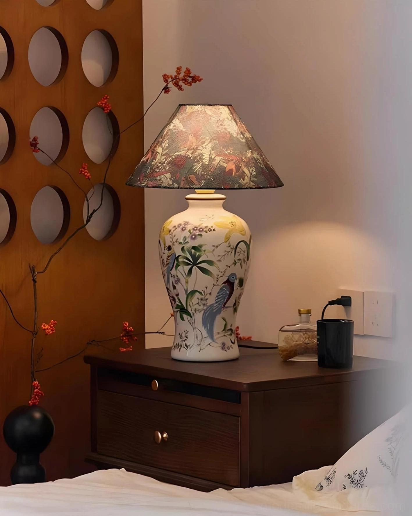 Hand-painted ceramic table lamp with botanical bird and flower motif on porcelain base paired with tapered fabric shade