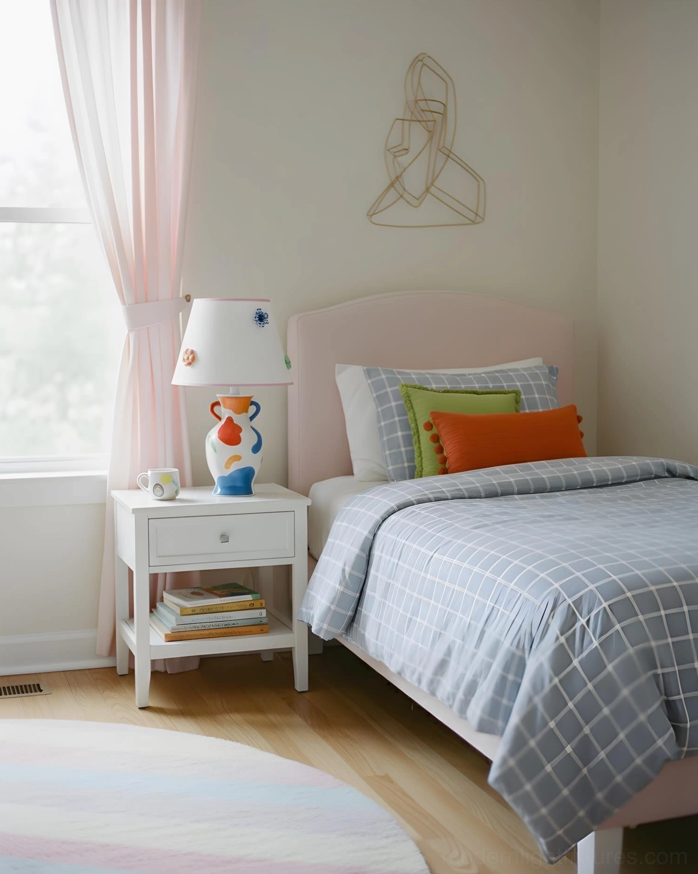 Hand-painted ceramic table lamp with multicolor abstract base and floral-trimmed white shade, product detail view
