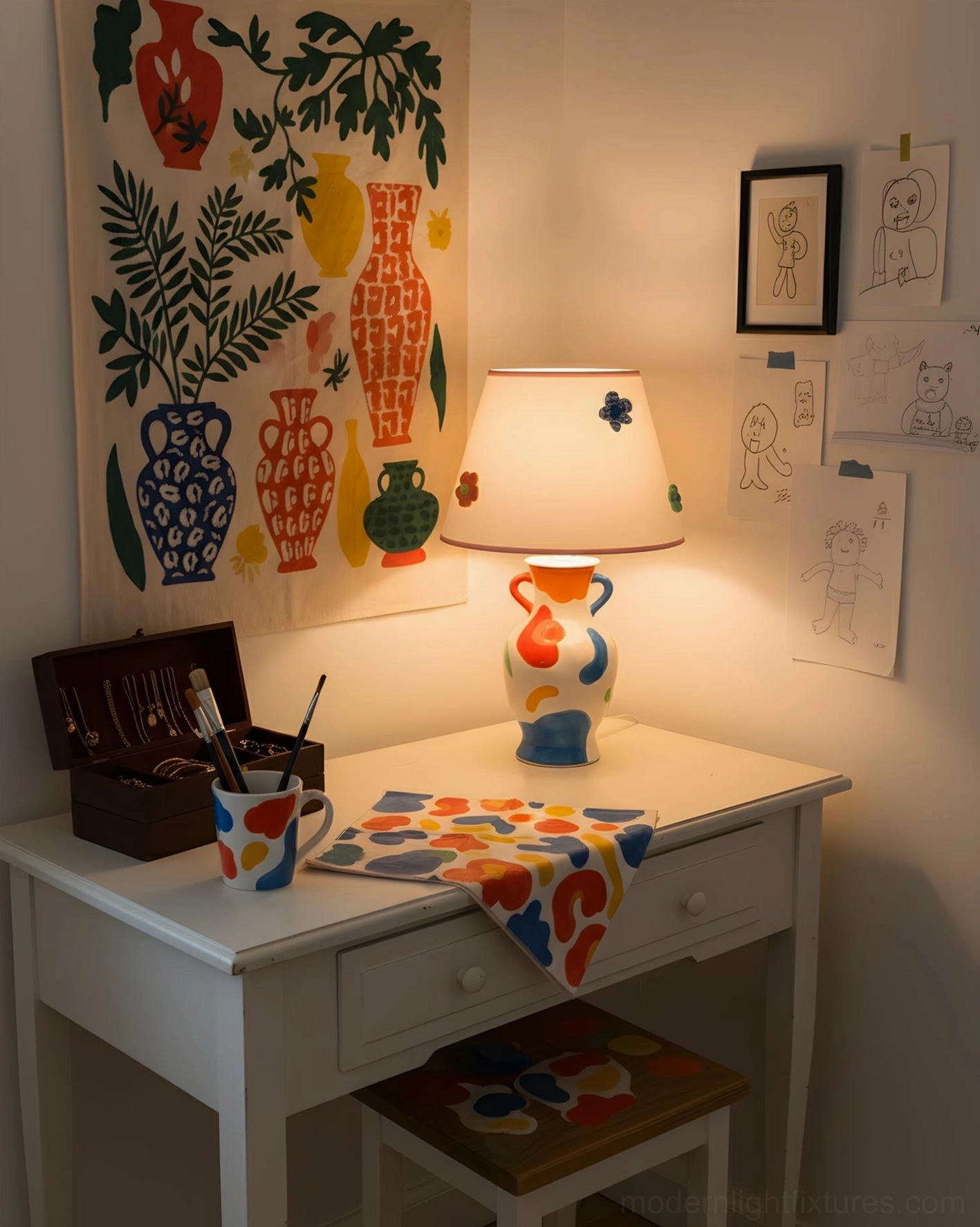 Hand-painted ceramic table lamp full product view with decorative base and flower-adorned white fabric shade