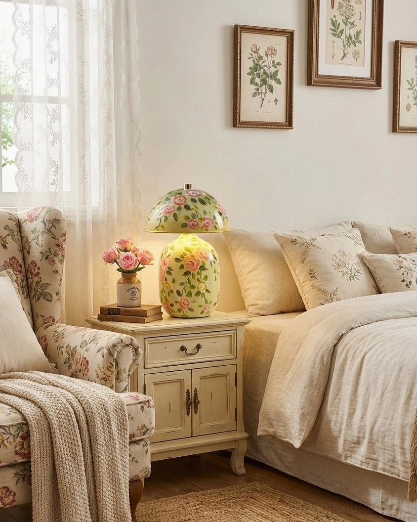 Hand-painted ceramic table lamp creating warm ambient light in cozy pastoral bedroom setting