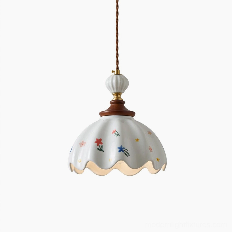 Hand-painted ceramic pendant light in white with multicolor florals, 22cm diameter shade showing complete artistic hand-painted floral pattern