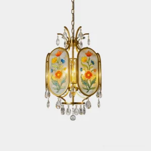 Jardinelle hand-painted floral pendant light with brass frame and crystal accents shown in full frontal view against studio background