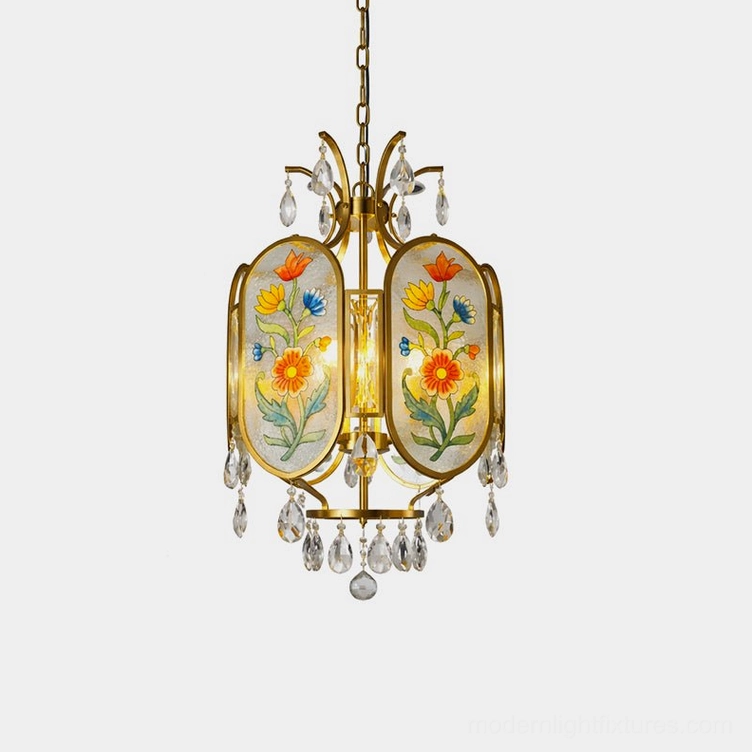 Jardinelle hand-painted floral pendant light with brass frame and crystal accents shown in full frontal view against studio background