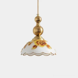 Hand-painted floral pendant light with scalloped white glass shade and brass gold hardware, front view