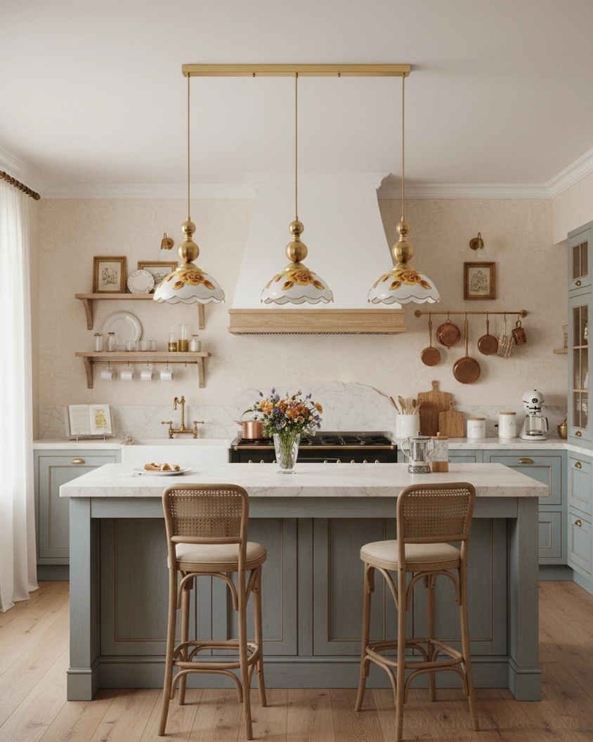 Hand-painted floral pendant light in transitional interior design setting with warm illumination