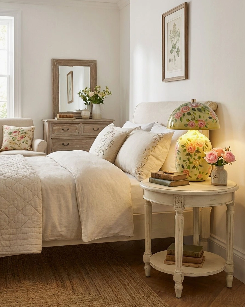 Artistic hand-painted floral ceramic table lamp in master bedroom with white vintage side table
