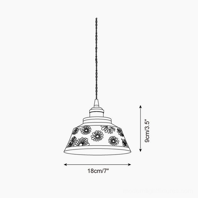 Technical line drawing of hand-painted ceramic pendant light with floral pattern design and measurements
