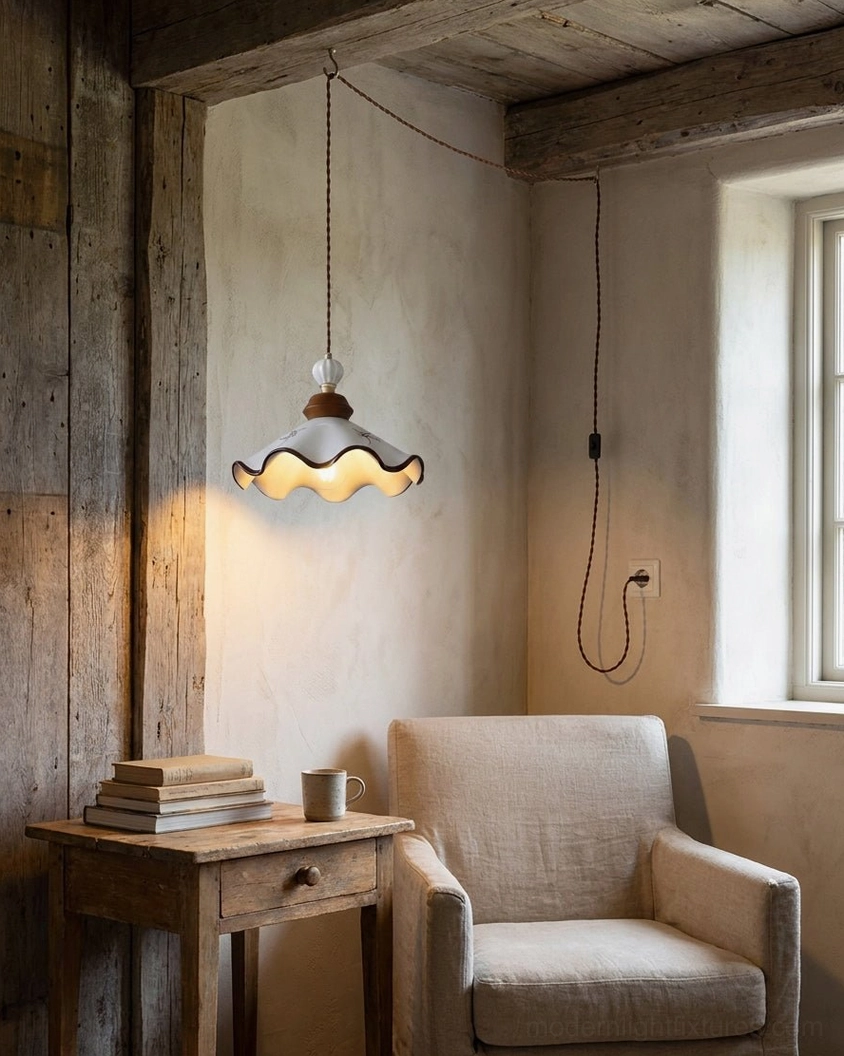 Hand-painted ceramic pendant light hanging in rustic interior with exposed wooden beams and warm ambient glow