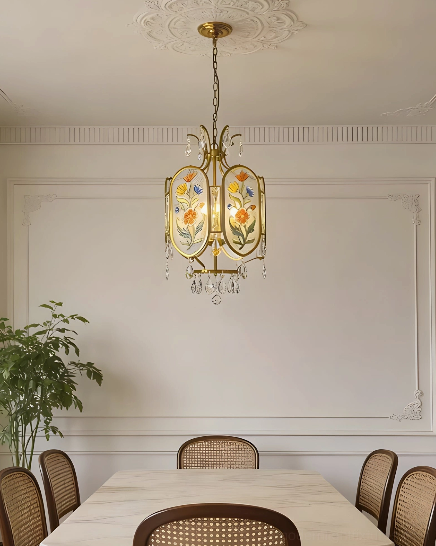 Jardinelle hand-painted pendant light creating romantic garden-inspired atmosphere in traditional home dining space