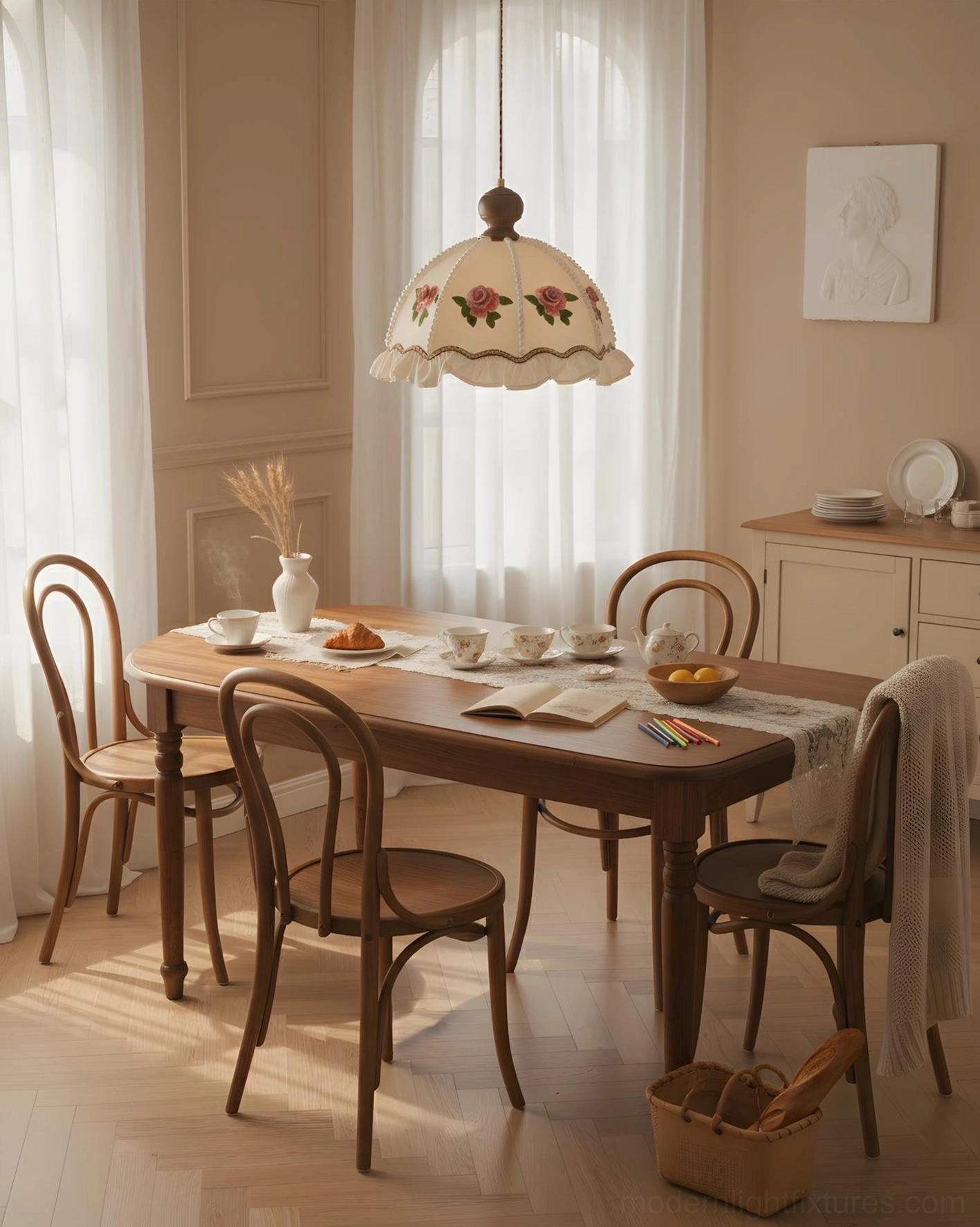 Vintage floral pendant light with ruffled fabric shade and hand-painted botanical details close-up view