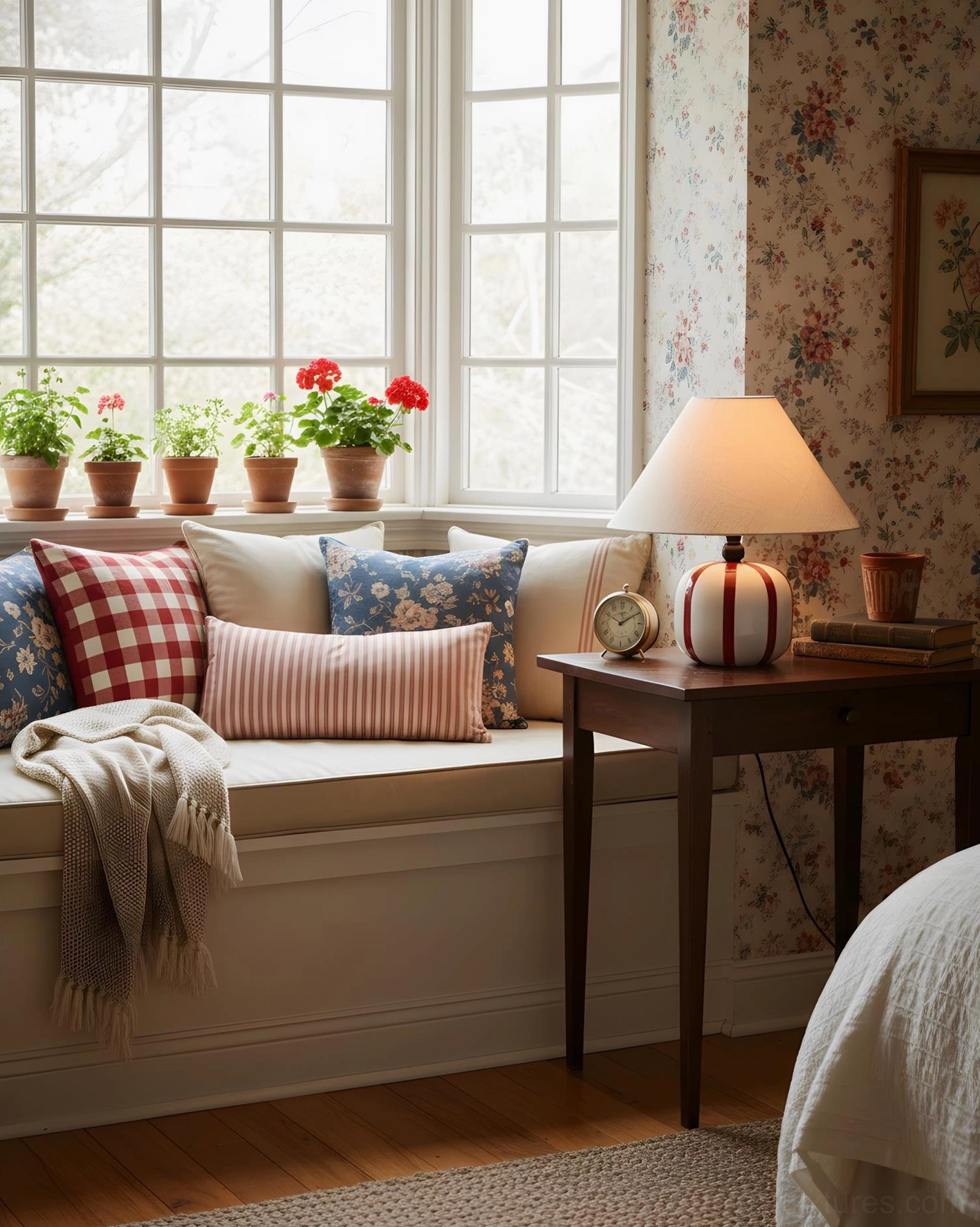 Hand-painted candy striped ceramic base with fabric shade table lamp