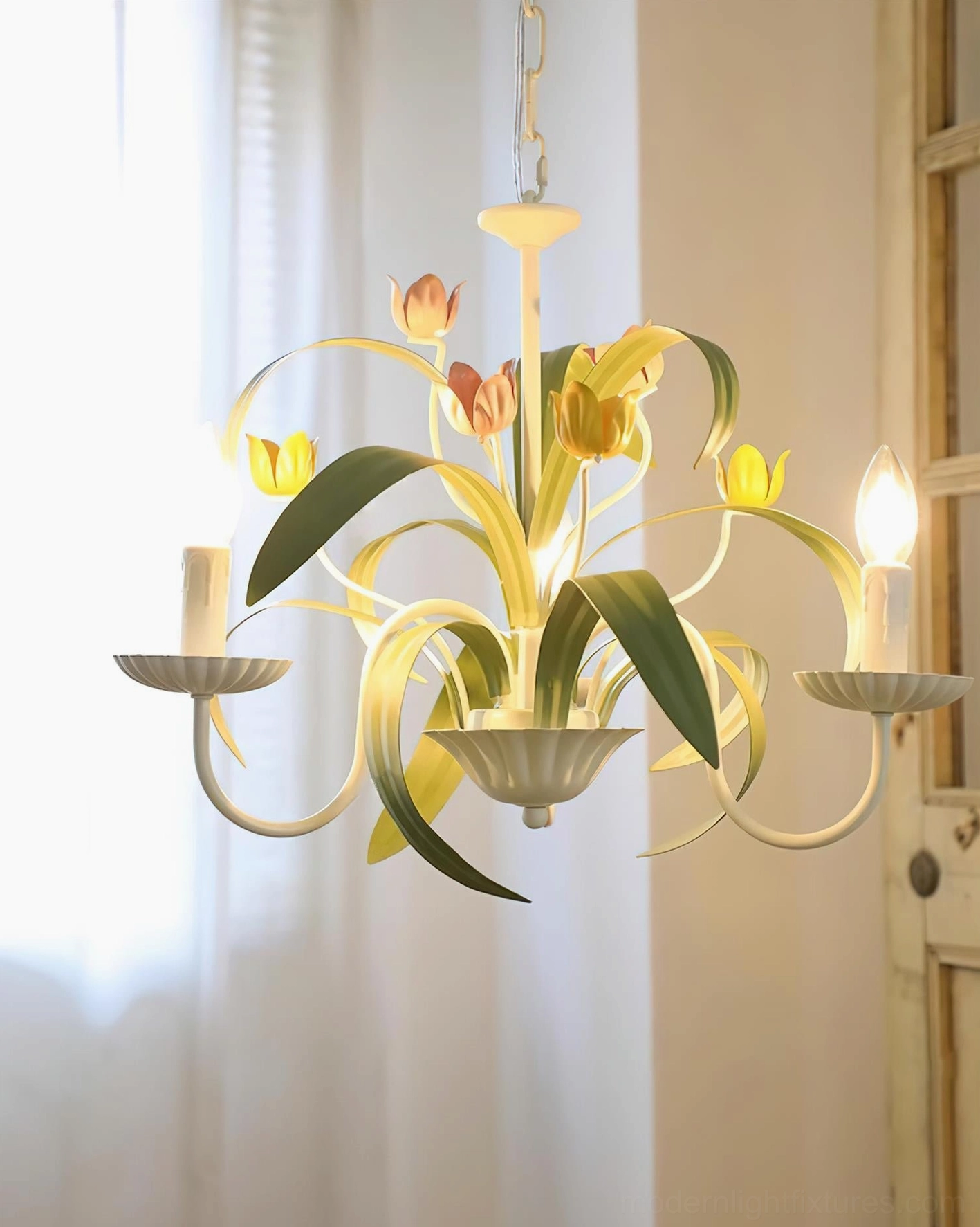 Hand-painted tulip chandelier full view elegant flower design vintage style fixture