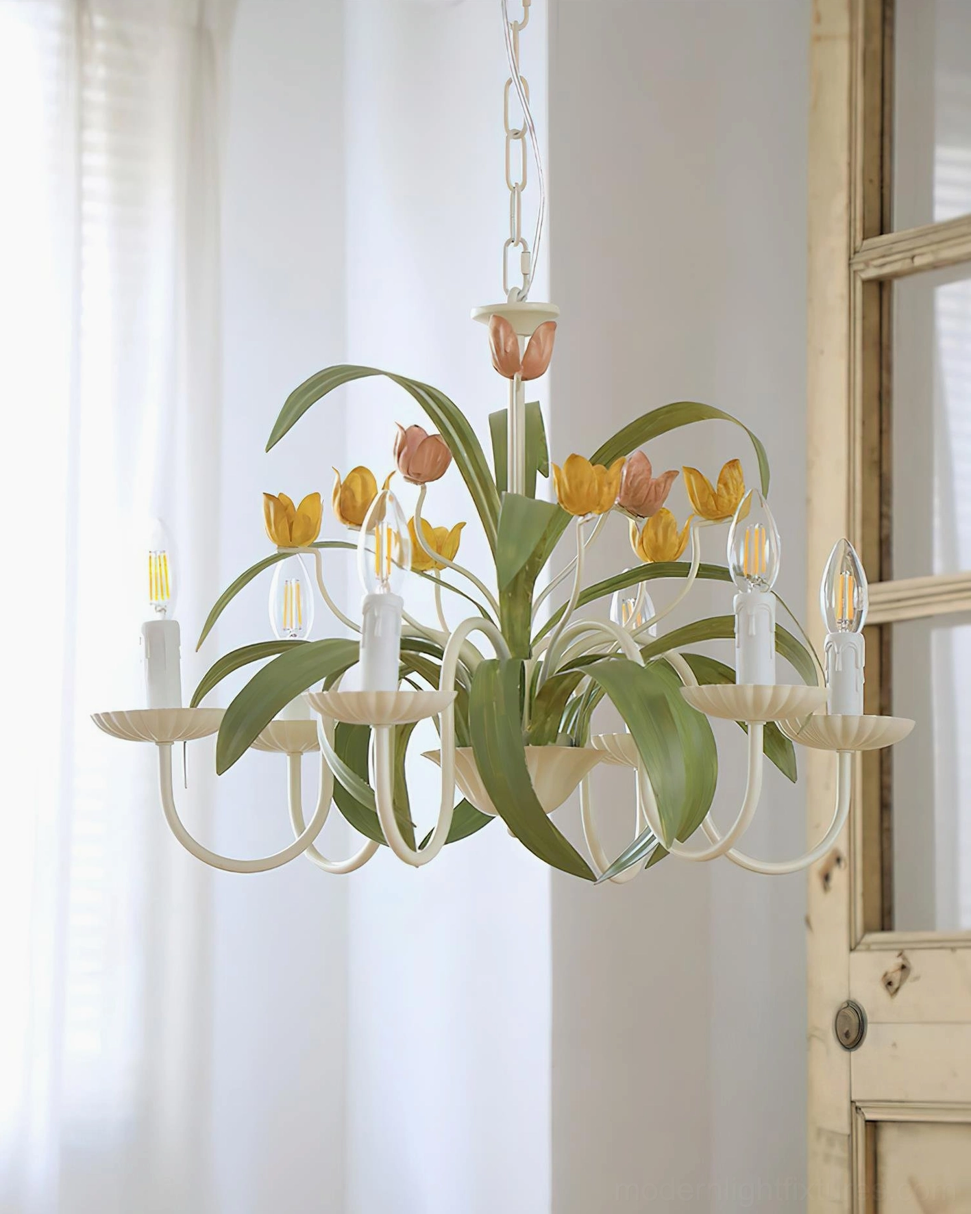 Hand-painted botanical tulip pendant light frontal view with sheer curtains vintage home decor setting