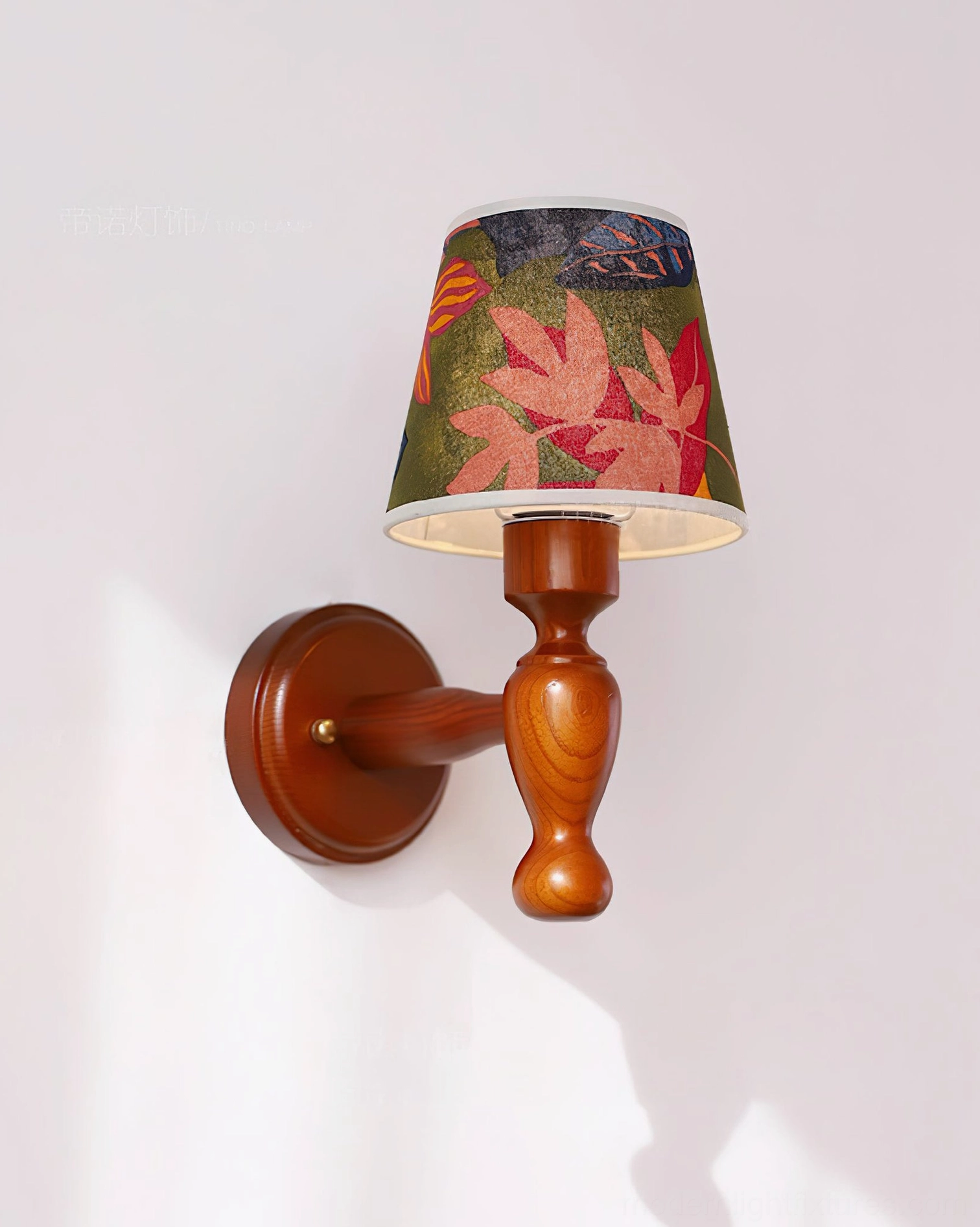 Modern wall sconce with hand-printed fabric shade, minimalist wood design