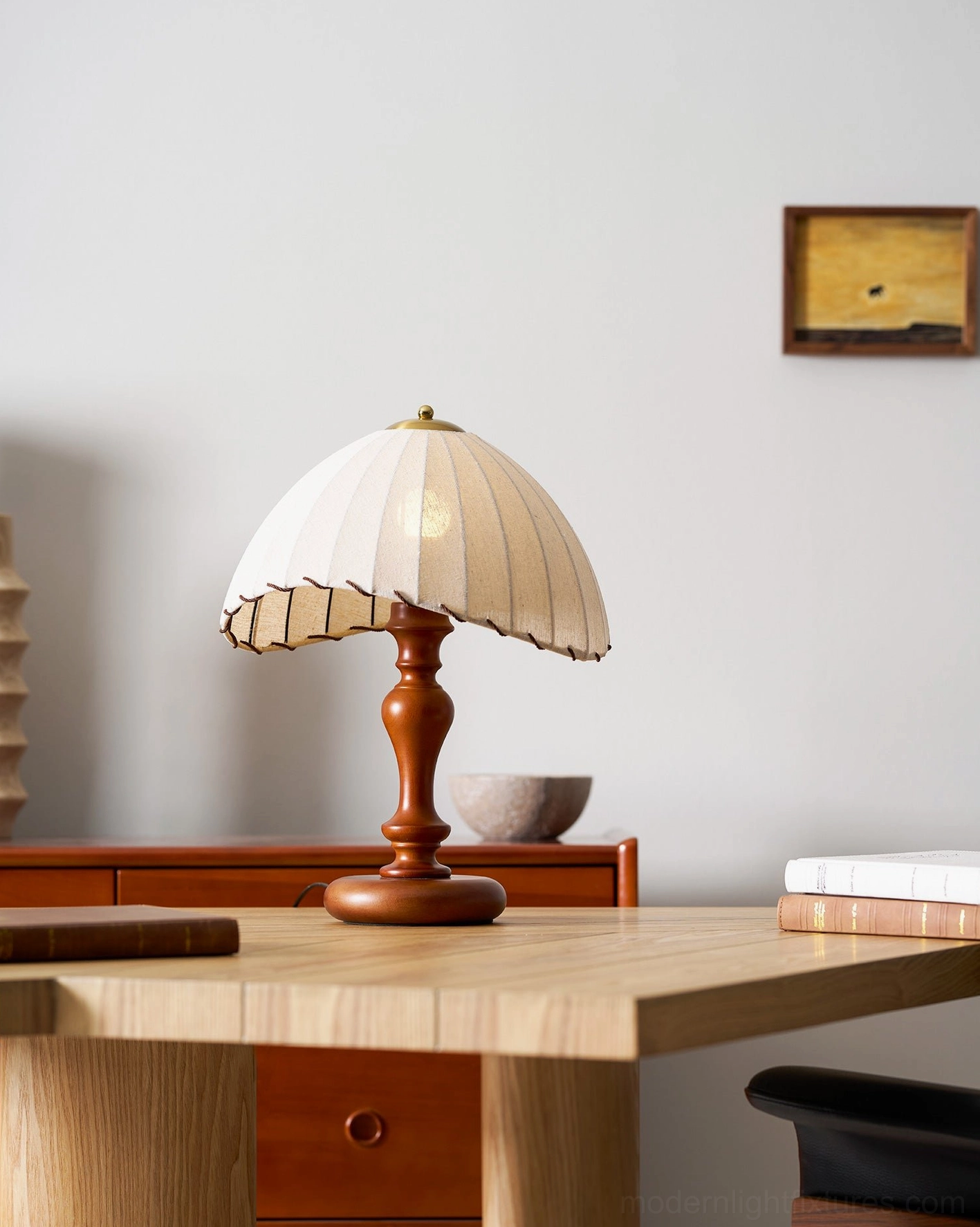 Serenity table lamp with hand-stitched rustic fringe trim on pleated linen shade