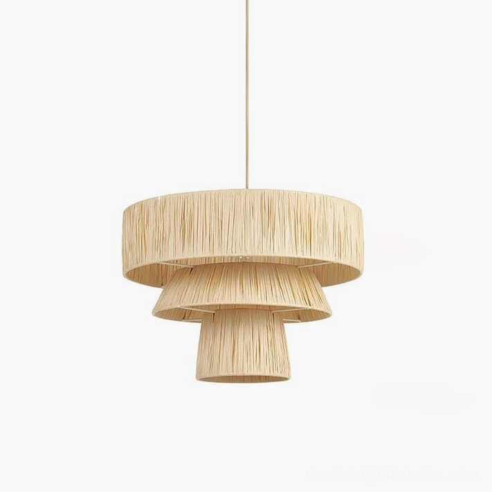 Bravina natural woven pendant light close-up detail showing hand-woven raffia grass texture and iron frame construction
