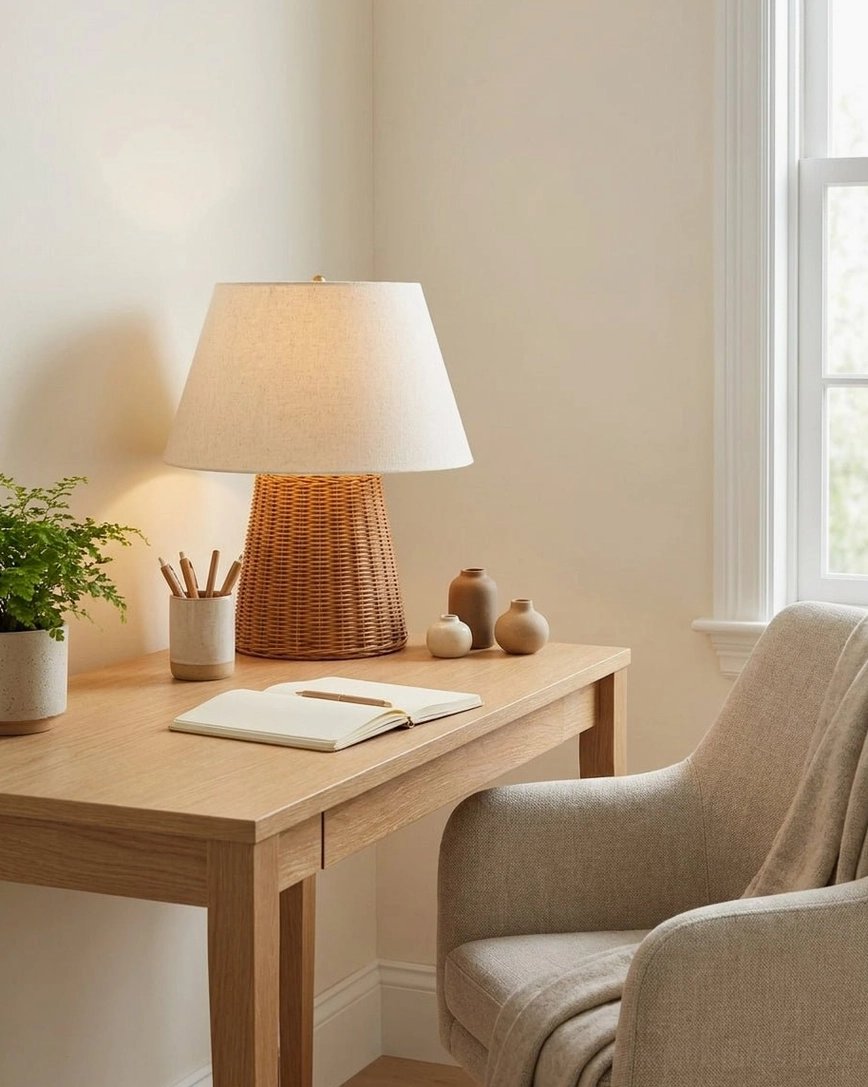 Close-up detail of hand-woven rattan cone base and cream fabric linen shade - artisanal craftsmanship of natural fiber table lamp