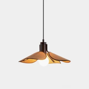Hand-woven rattan flower pendant lamp with dark brown hardware and tan fabric shade, overhead view on white background