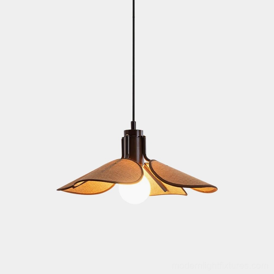 Hand-woven rattan flower pendant lamp with dark brown hardware and tan fabric shade, overhead view on white background