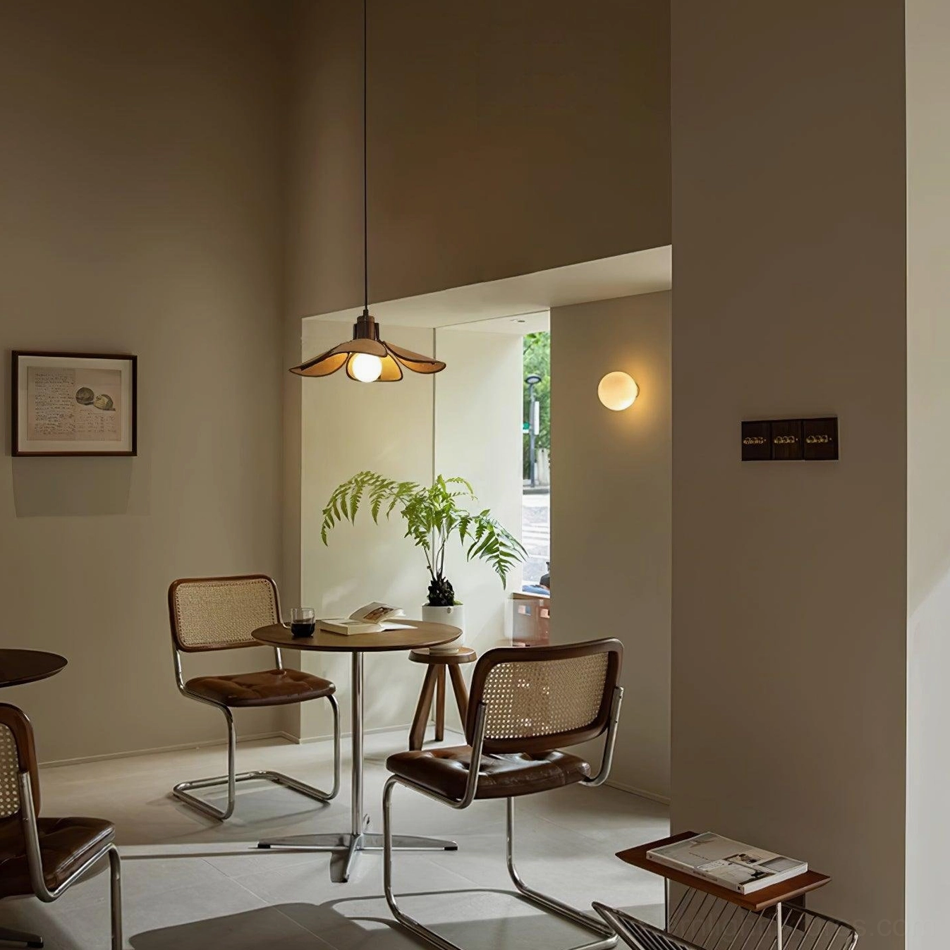 Hand-woven rattan flower pendant in modern Scandinavian interior design setting