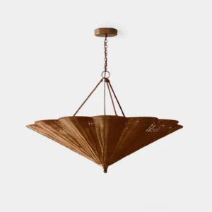 Kavira hand-woven rattan pendant chandelier front view - natural bohemian light fixture with inverted parasol silhouette
