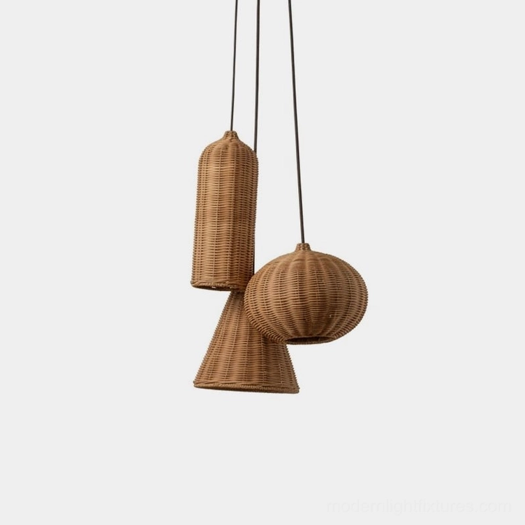 Rovena hand-woven rattan pendant lights – complete three-shape collection displayed overhead, showing cone, cylinder, and pumpkin profiles with natural weave detail