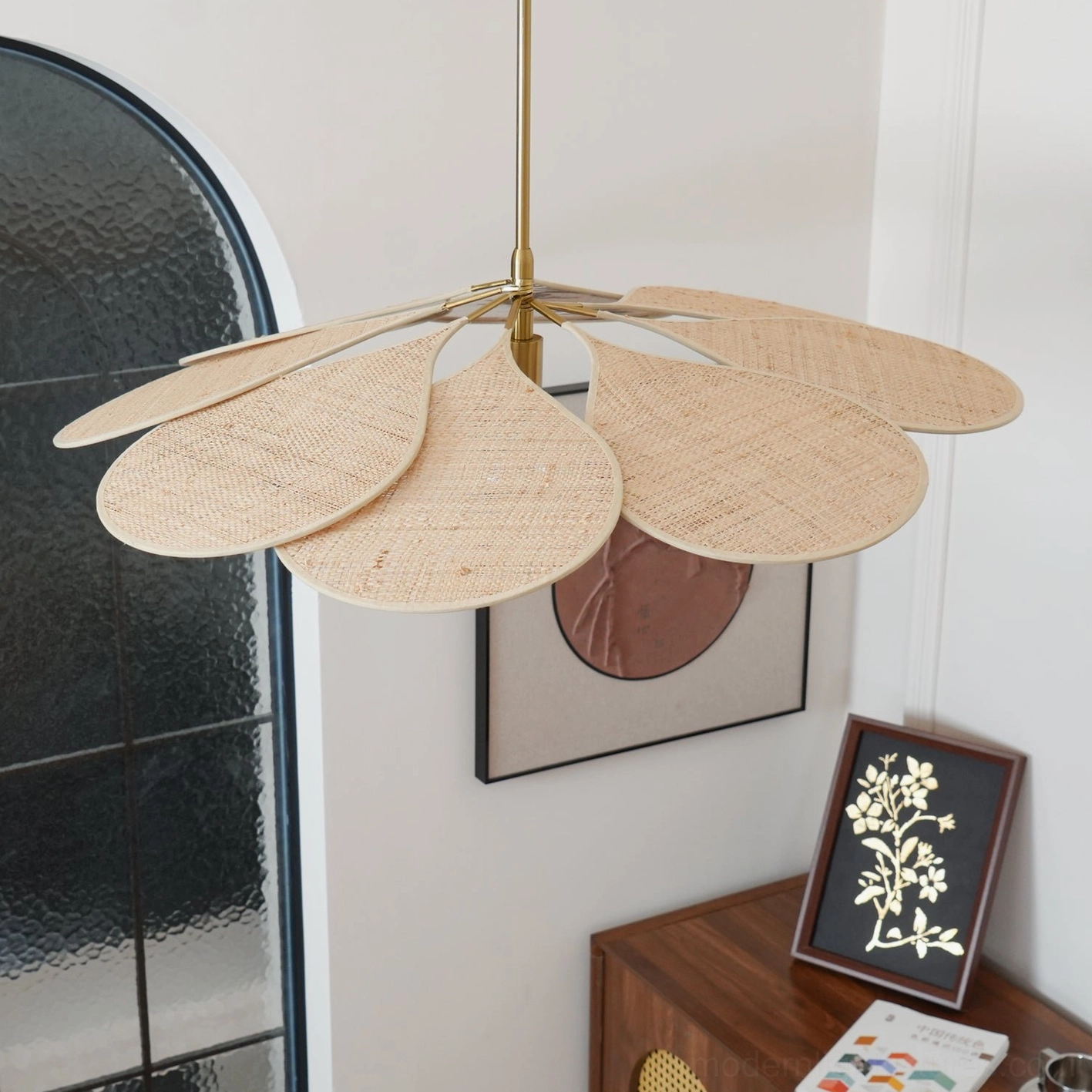 Hand-woven rattan pendant lamp with organic petal design and E26 E27 socket compatibility