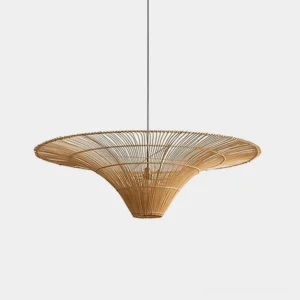 Hand-woven rattan sunburst chandelier with natural texture in studio front view showcasing japandi pendant light design