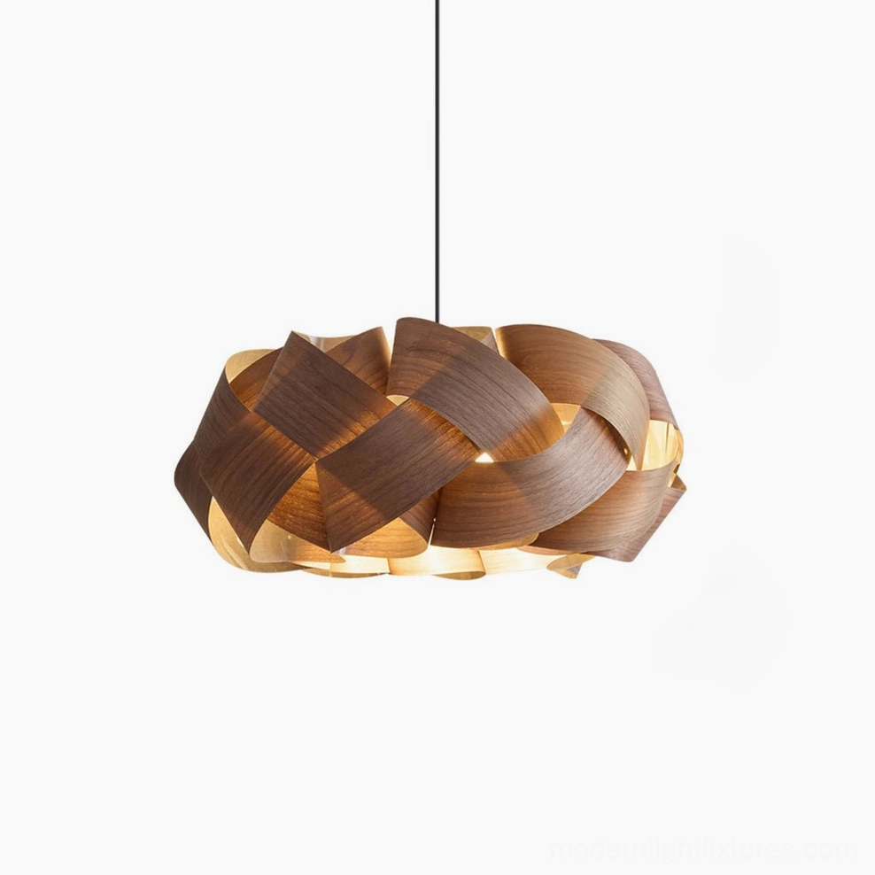 Hand-woven walnut wood pendant light in modern kitchen setting with wooden cabinetry and minimalist design