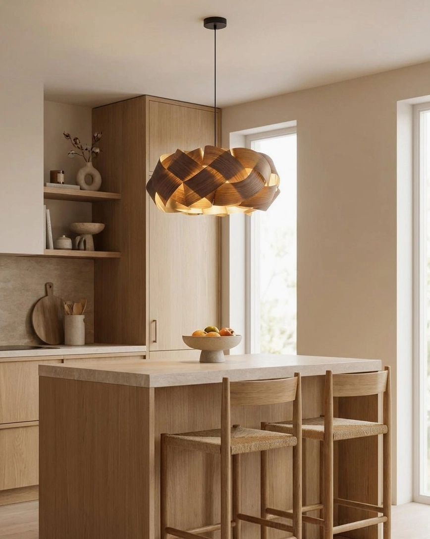 Modern hand-woven walnut pendant light in contemporary kitchen island setting with bar seating