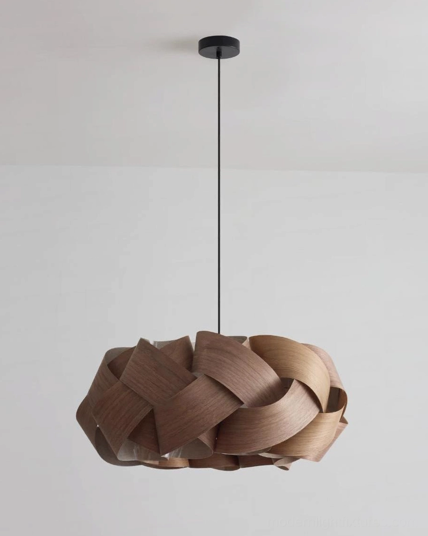 Hand-woven walnut wood pendant light showing three available sizes comparison and scale variations