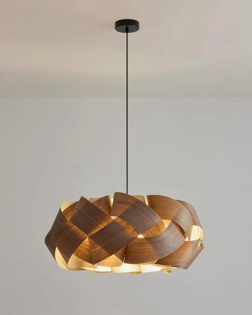 Hand-woven walnut wood veneer pendant light studio product shot showing detailed woven weave pattern