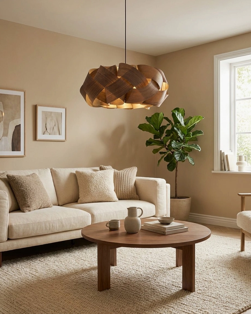 Modern hand-woven walnut pendant light in warm contemporary living room setting with woven wood shade
