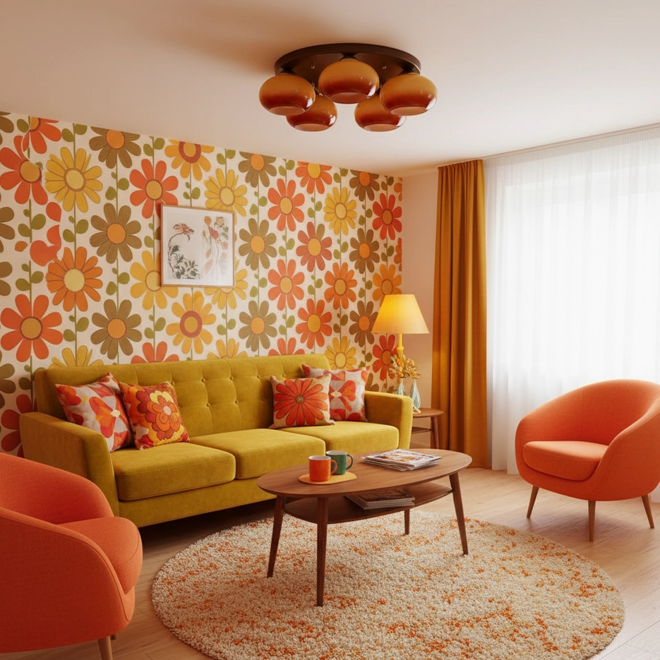 5-head handblown glass ceiling pendant light installed in retro living room with floral decor and warm tones
