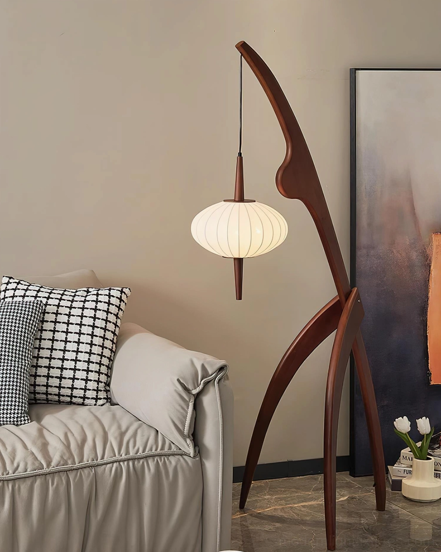 Handcrafted arc floor lamp with curved wooden frame and fabric lantern shade
