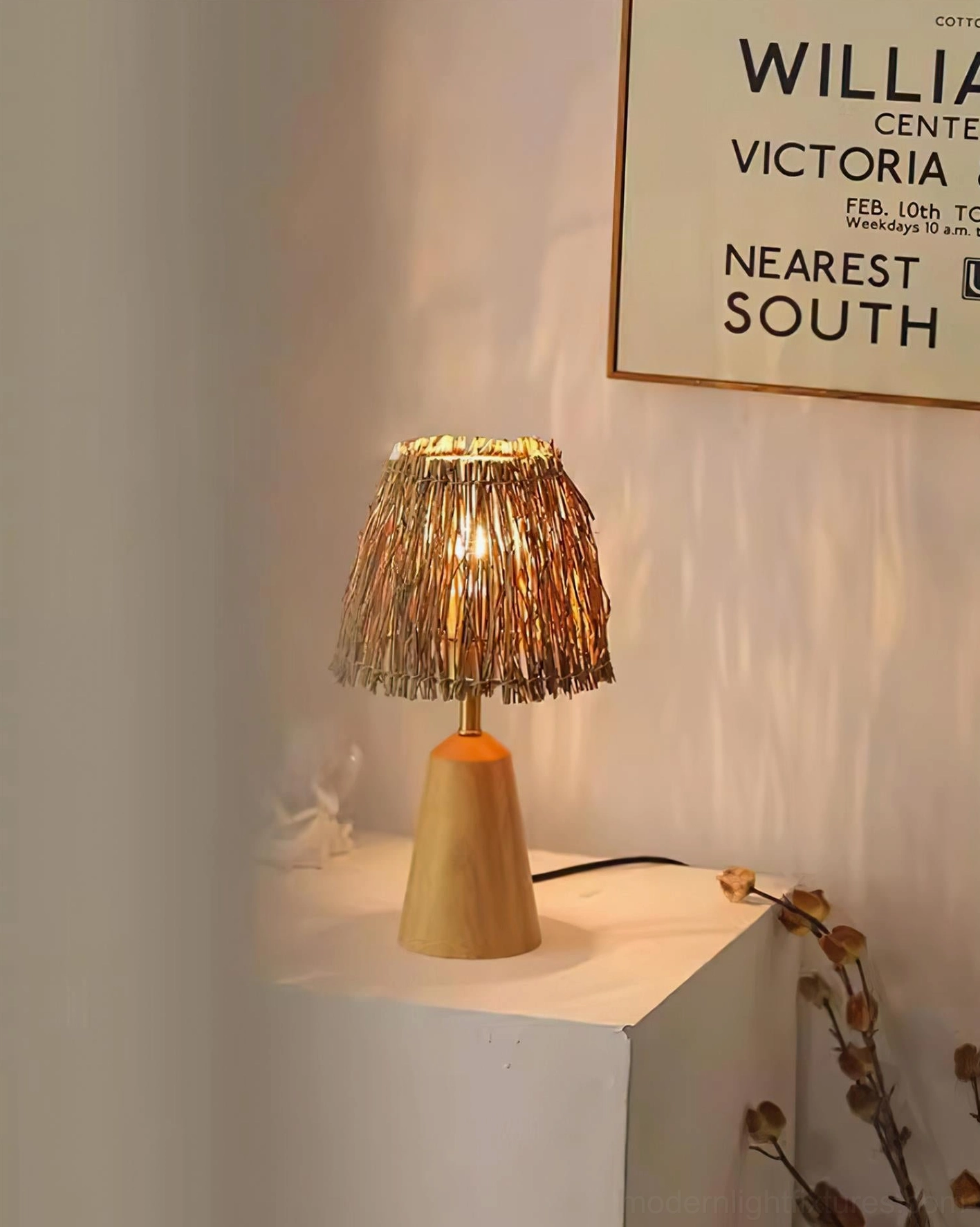 Handcrafted bohemian table lamp with natural straw weave and sustainable wood construction