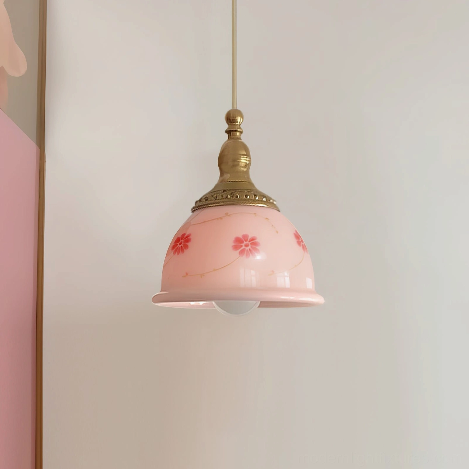 Handcrafted pink ceramic pendant lamp with brass gold hardware and botanical floral hand-painted decoration