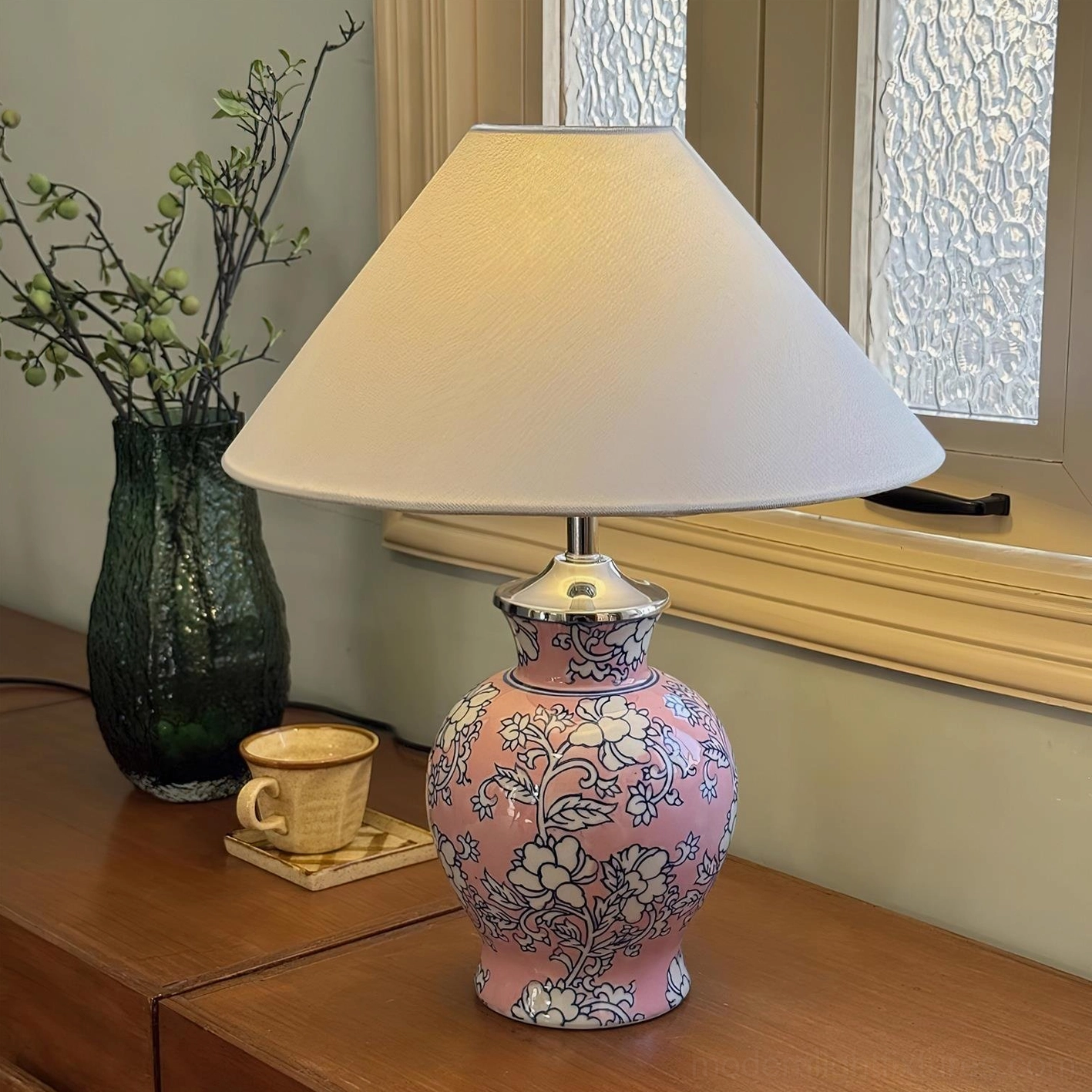Handcrafted ceramic floral table lamp with botanical design, E26 E27 socket compatible for any room