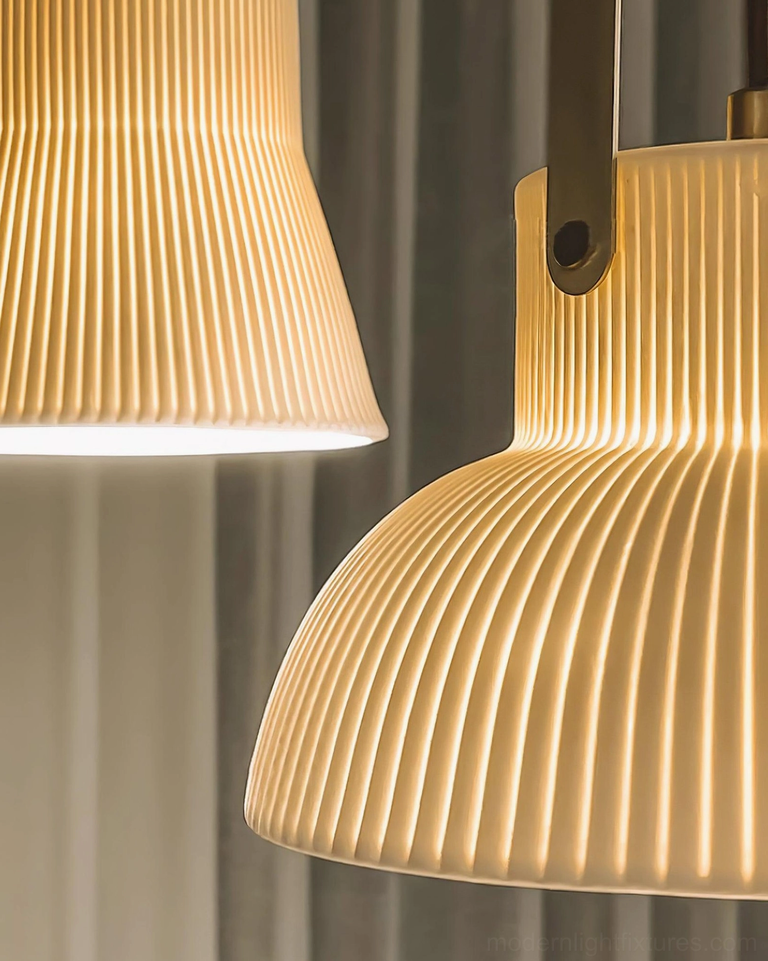 Handcrafted ceramic pendant light with vertical ribbed pattern and sculptural appeal