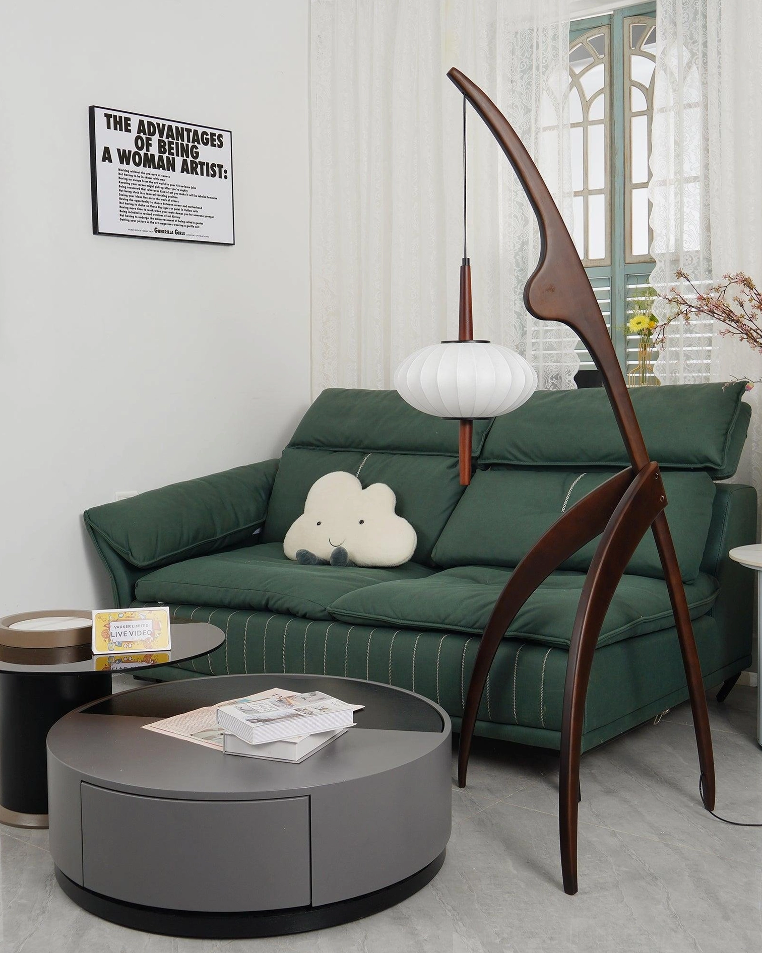 Handcrafted modern arc floor lamp with wood frame fabric lantern shade close-up