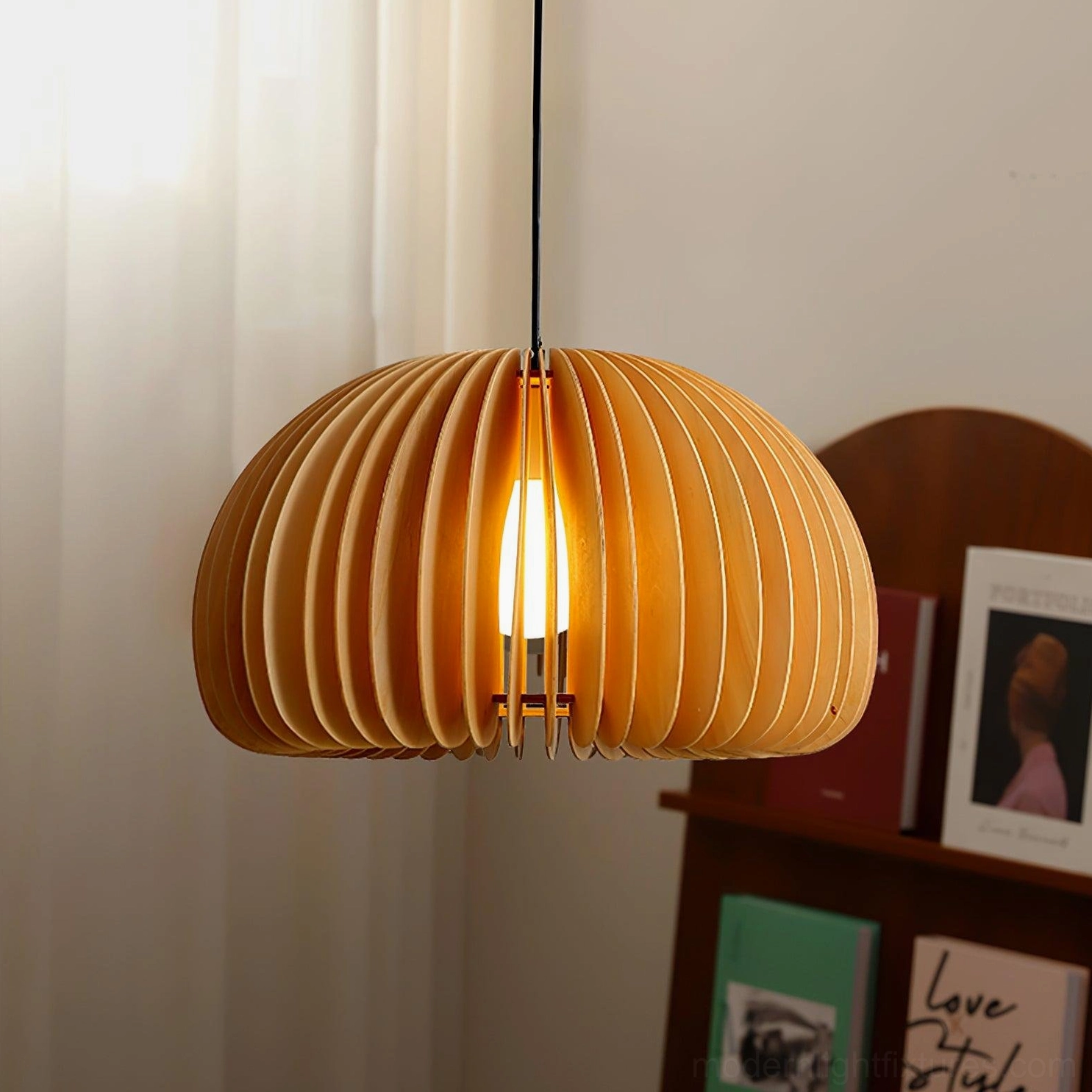 Handcrafted natural wood pumpkin pendant lamp with dimmable light control compatible