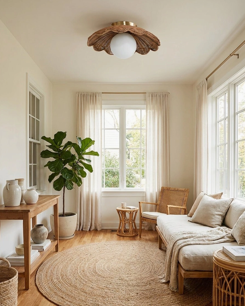 Artisanal hand-woven rattan ceiling light in cozy lounge with natural bohemian furnishings
