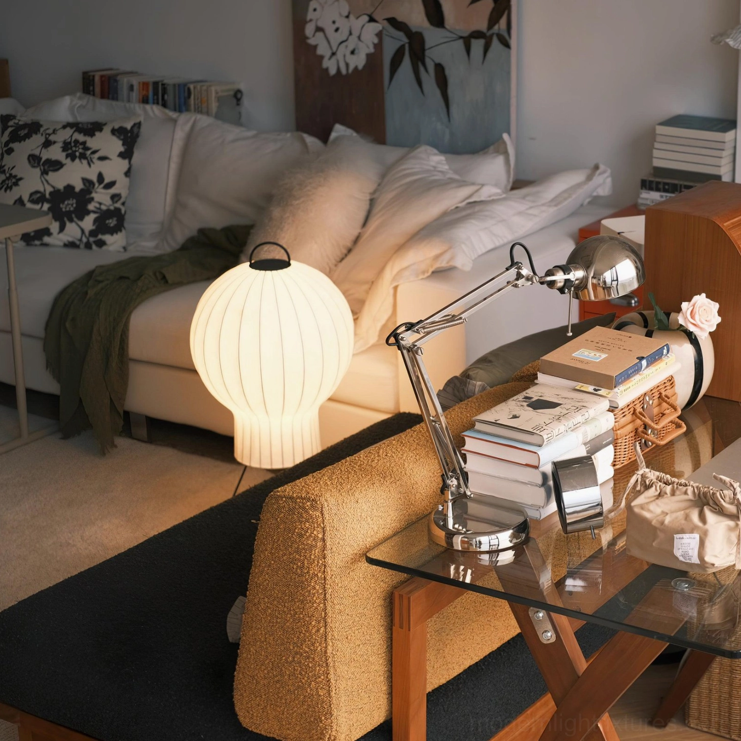 Handcrafted silk floor lamp showing fabric texture and light diffusion quality