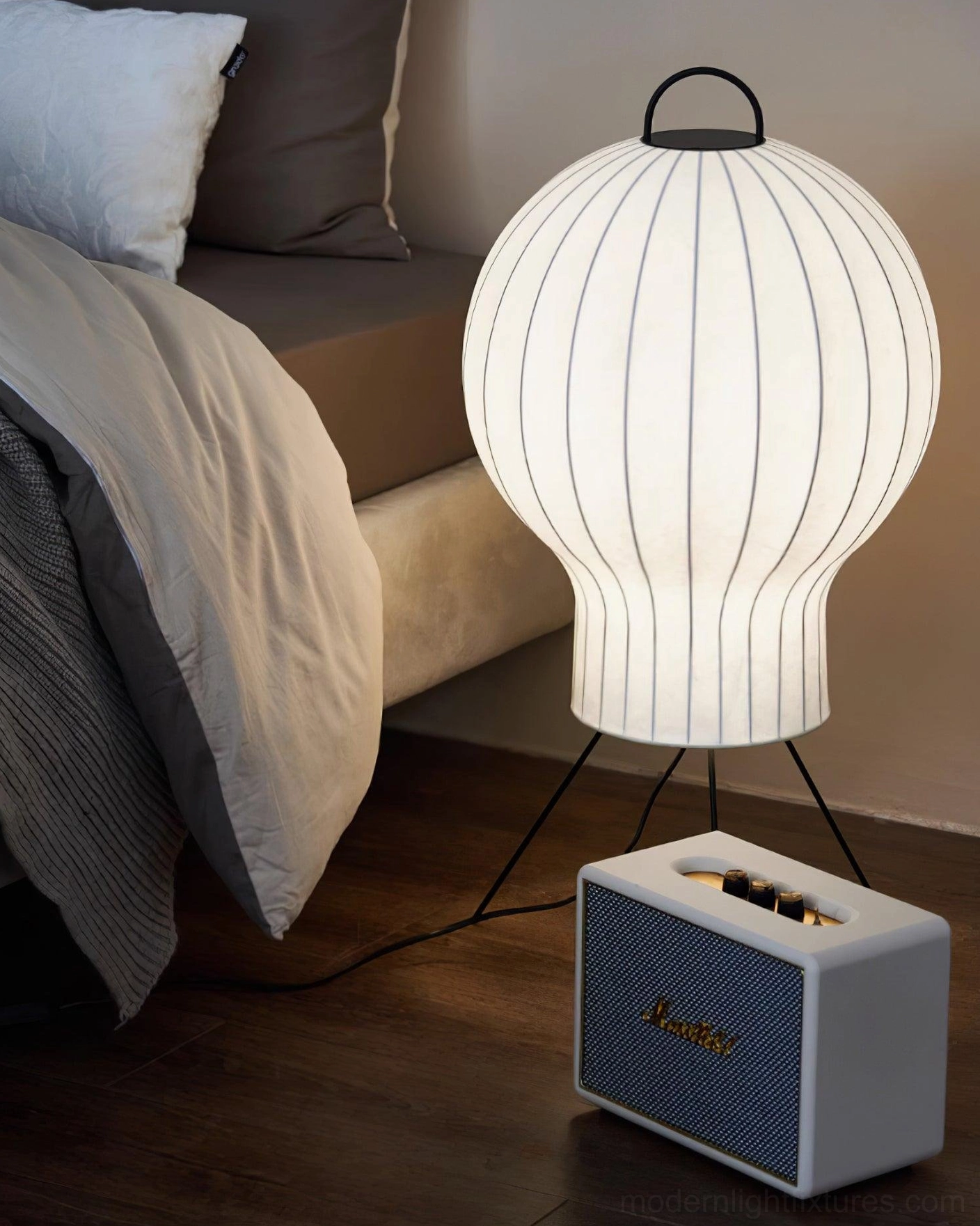Handcrafted silk lantern floor lamp in eclectic interior styling arrangement