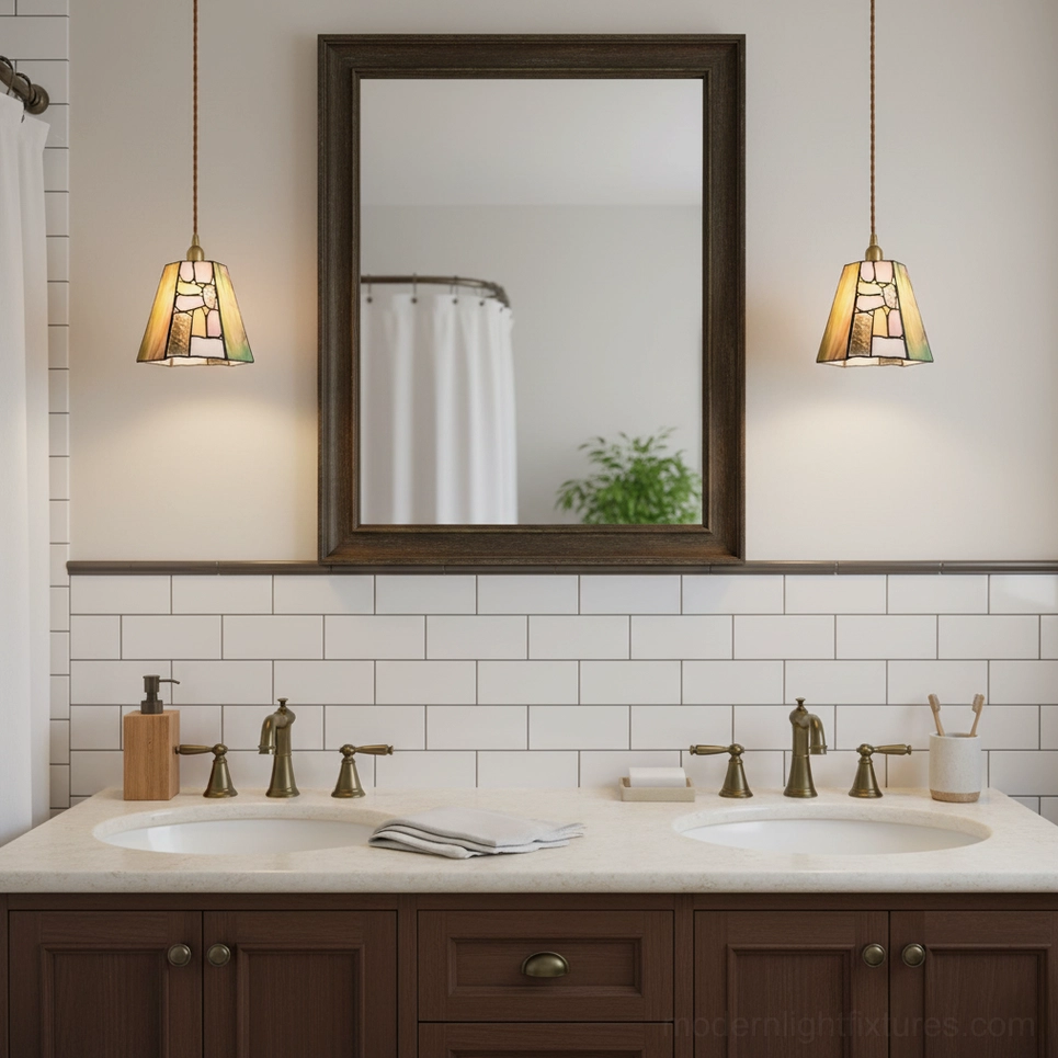 Artisan handcrafted stained glass pendant light with geometric trapezoid shape and intricate glass work
