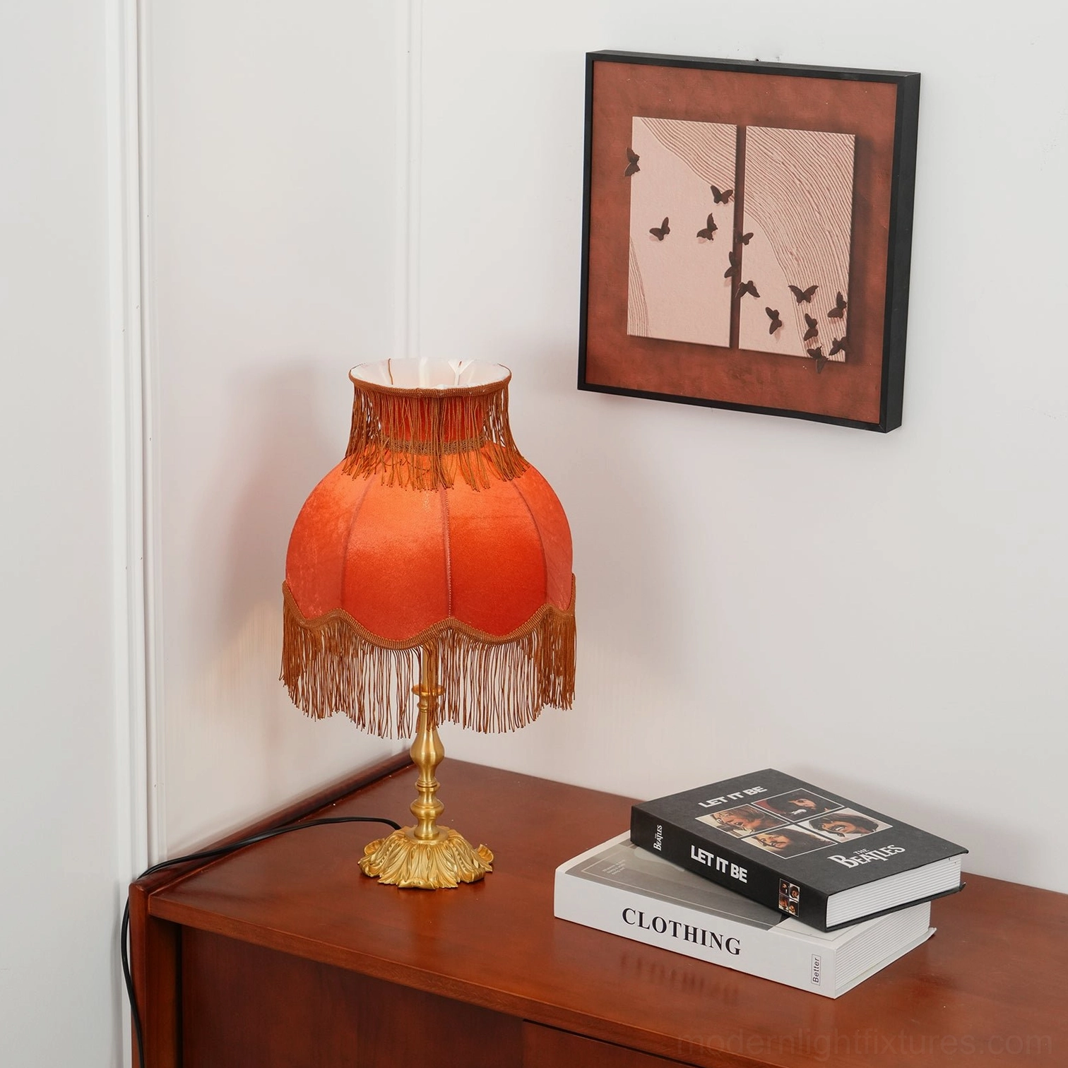 Handcrafted vintage brass tassel table lamp with luxurious velvet fringe construction