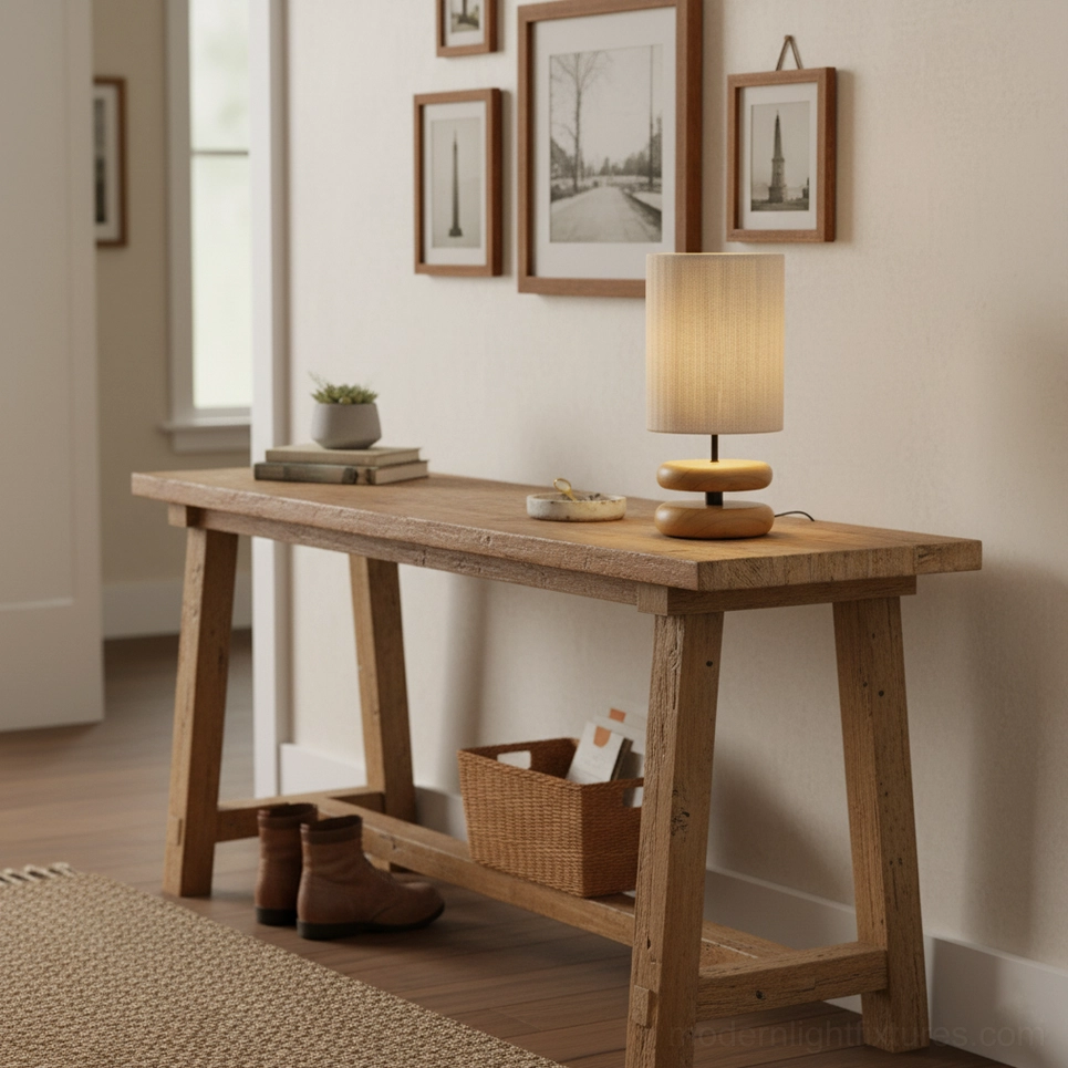 Handcrafted wooden table lamp highlighting natural grain and polished finish detail
