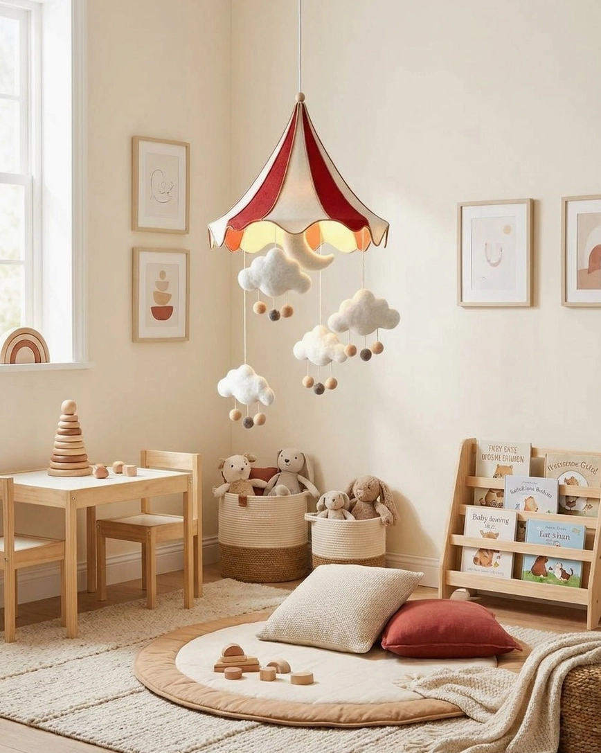 Handcrafted wool-felt clouds and moon detail of circus tent pendant light showing artisanal craftsmanship