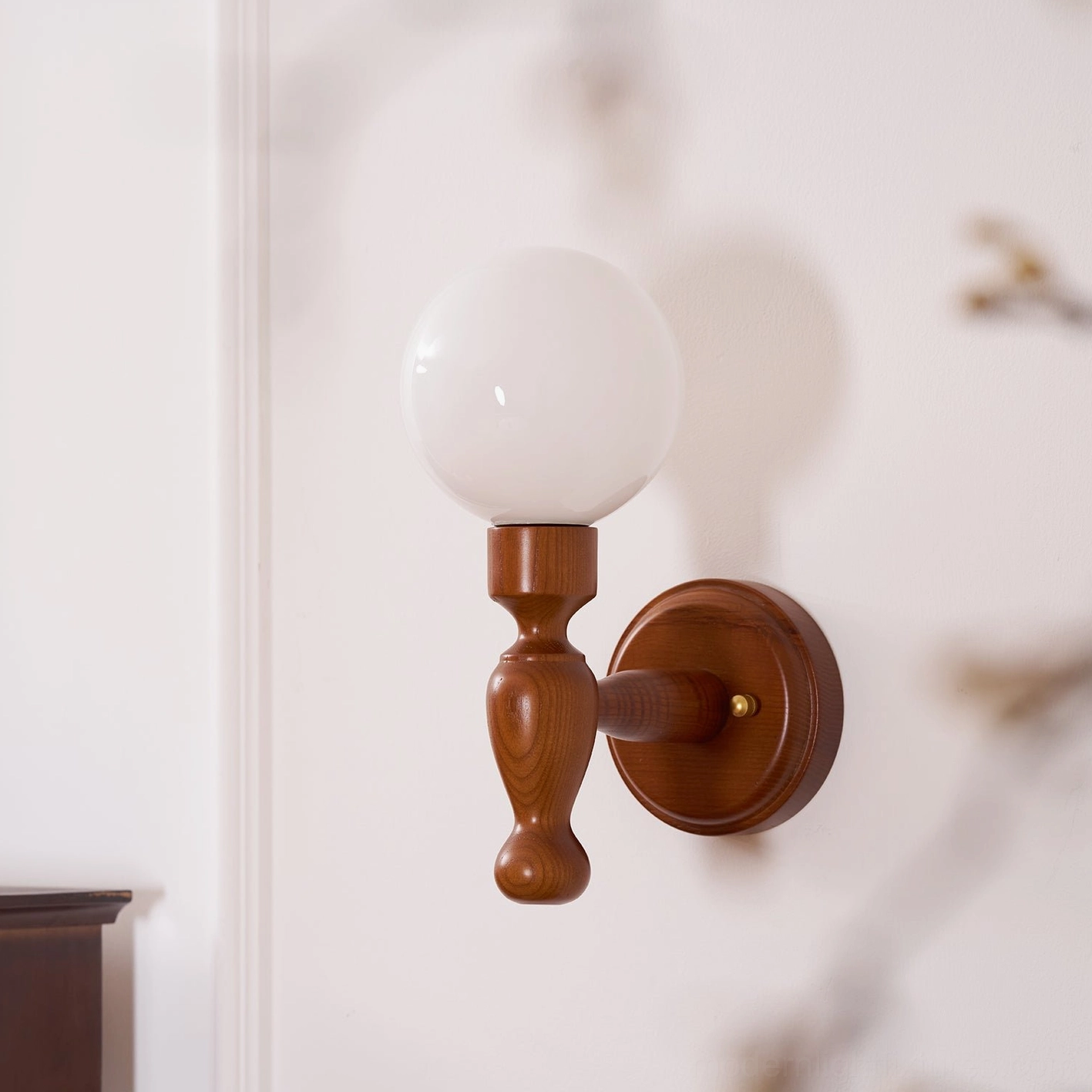 Handmade wooden wall sconce, artistic fabric lampshade detail view