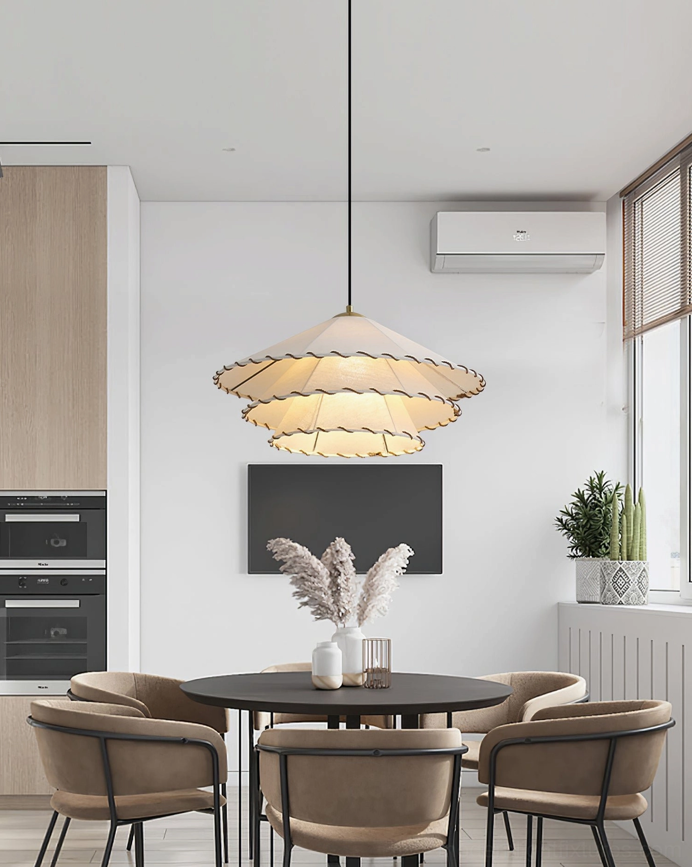 Handwoven beige pendant light with black-trimmed ruffles perfect for japandi and scandinavian interiors